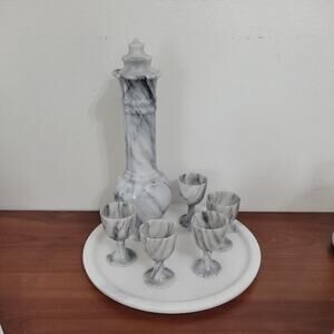 Vintage Marble 11" Decanter Set With 5 Shot Glasses 3" Gray & White